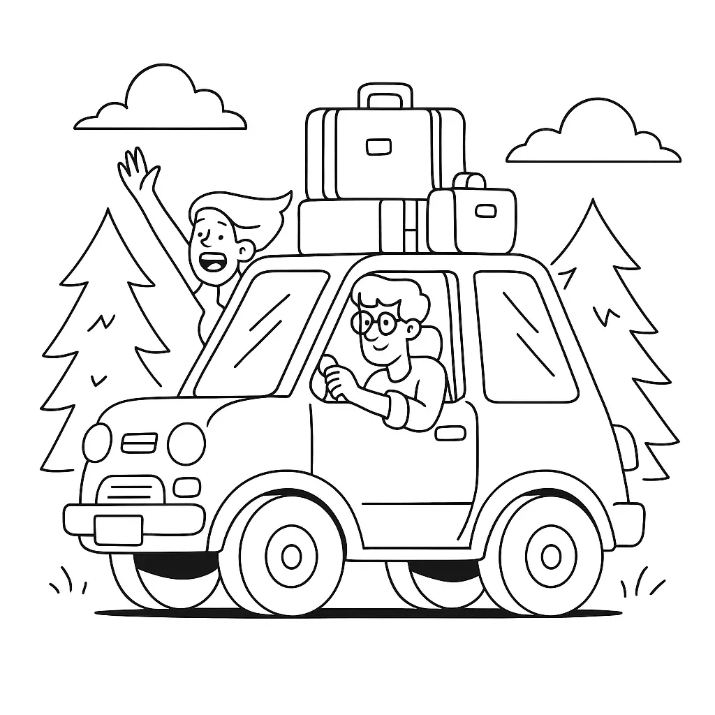 Desenho de contorno de um carro pequeno com malas empilhadas no teto, um homem dirigindo e uma mulher acenando pela janela em uma floresta.