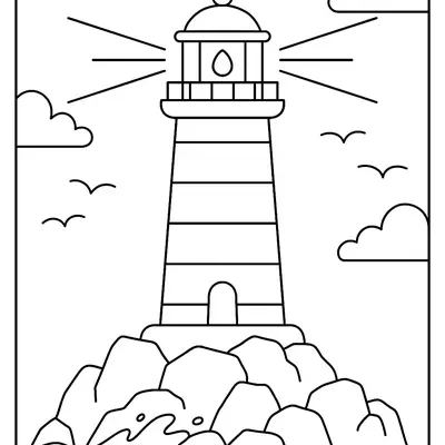 Desenho de contorno de um farol listrado em cima de um monte de pedras no oceano, com luz irradiando do topo e gaivotas no céu.