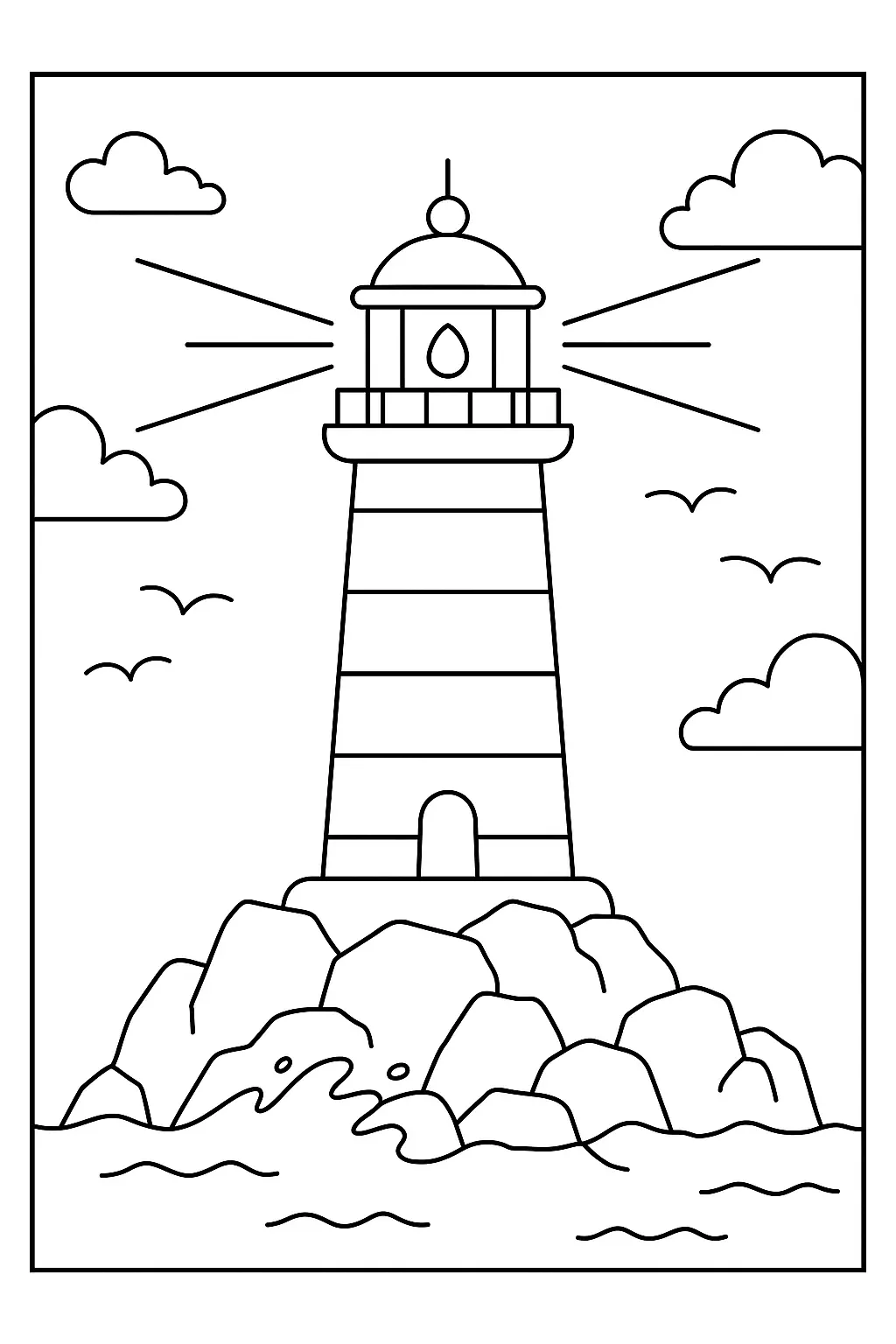 Desenho de contorno de um farol listrado em cima de um monte de pedras no oceano, com luz irradiando do topo e gaivotas no céu.