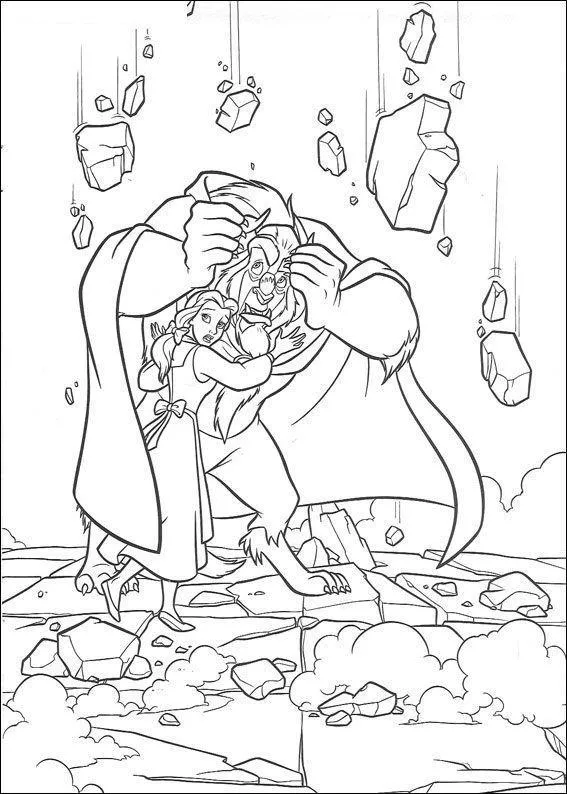 Desenho de contorno da Fera curvada protegendo a Bela com sua capa, enquanto várias pedras grandes caem ao redor deles em um cenário de aventura.