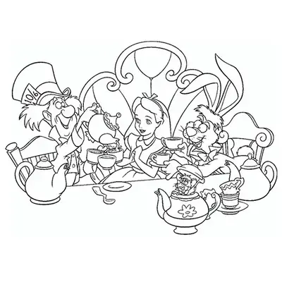 Desenho para colorir da Festa do Chá Maluca de Alice no País das Maravilhas. O Chapeleiro e a Lebre de Março estão à mesa com Alice, e o Ratinho Dormouse está saindo de um bule de chá.