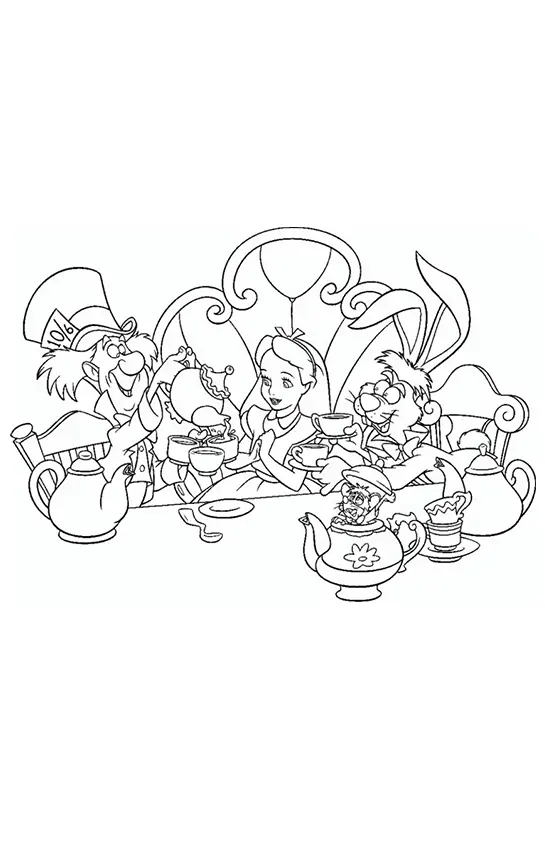 Desenho para colorir da Festa do Chá Maluca de Alice no País das Maravilhas. O Chapeleiro e a Lebre de Março estão à mesa com Alice, e o Ratinho Dormouse está saindo de um bule de chá.
