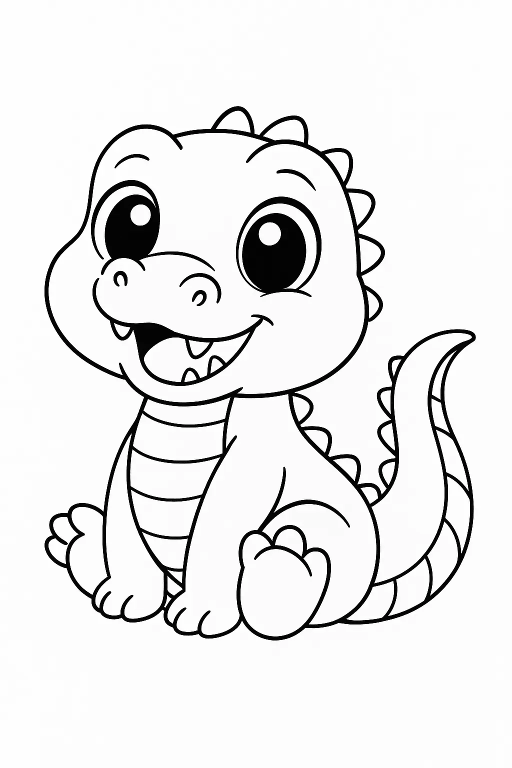 Desenho de contorno preto e branco em estilo "chibi" ou "cartoon" de um filhote de jacaré (ou crocodilo) bebê. Ele está sentado, sorrindo com a boca aberta, exibindo dentinhos e possui olhos grandes e brilhantes. O corpo é robusto com escamas e cauda pontiaguda.