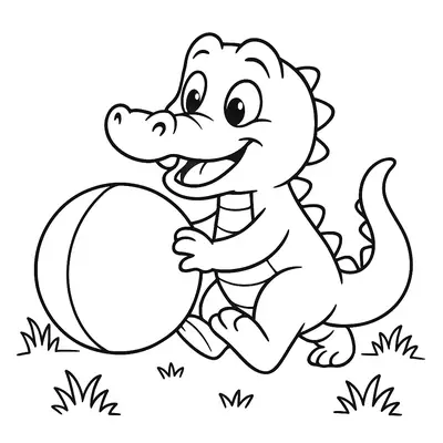 Desenho de contorno de um filhote de jacaré (crocodilo) de estilo cartoon e aparência feliz, agachado na grama enquanto empurra uma bola grande e lisa com as duas patas dianteiras.
