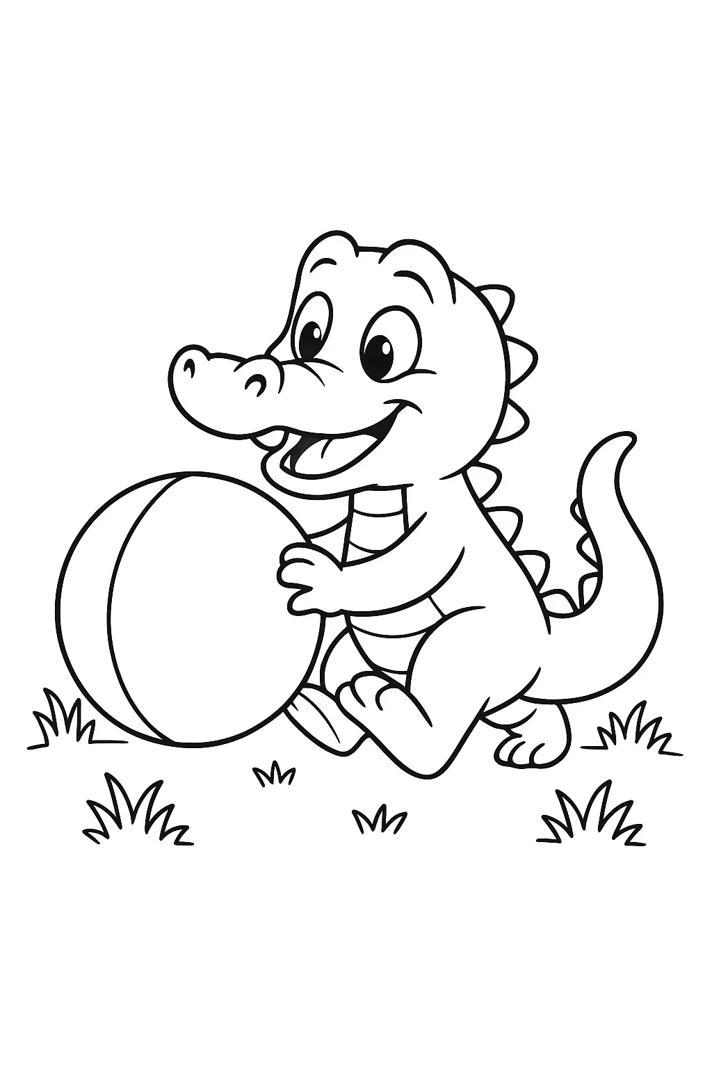 Desenho de contorno de um filhote de jacaré (crocodilo) de estilo cartoon e aparência feliz, agachado na grama enquanto empurra uma bola grande e lisa com as duas patas dianteiras.