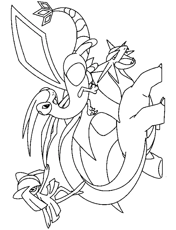 Desenho de contorno em preto e branco dos Pokémon Flygon, Salamence e Gardevoir em poses dinâmicas de voo e prontidão.