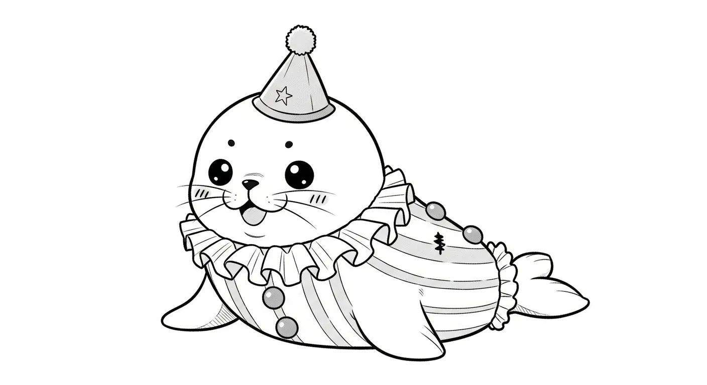 Desenho de contorno de uma foca bebê usando chapéu de cone com estrela, gola de palhaço com babados e uma roupa listrada com botões.