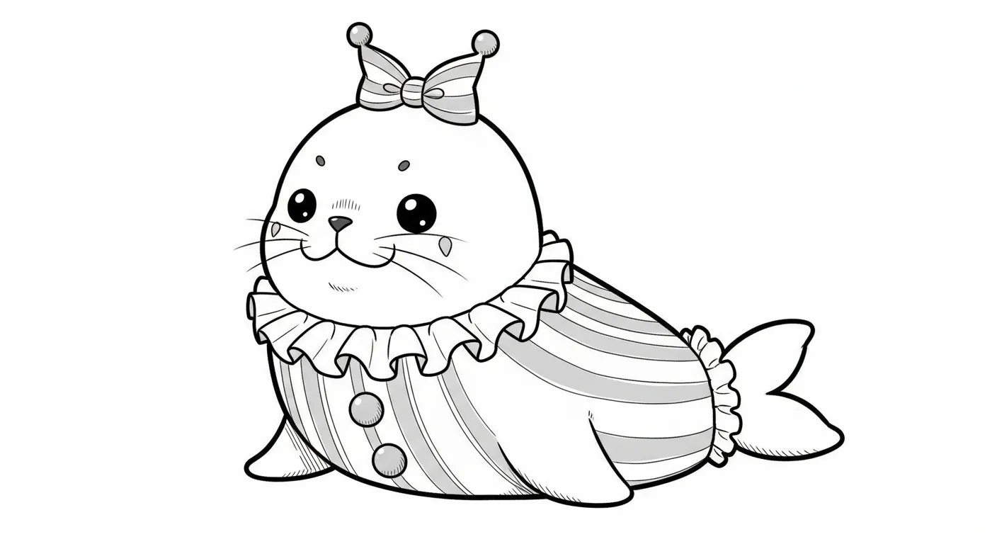 Desenho de contorno de uma foca bebê usando um laço listrado no topo da cabeça, gola de palhaço com babados e corpo com padrão de listras.