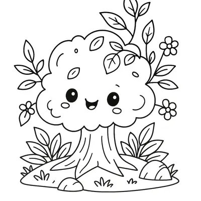 Desenho de contorno de uma árvore fofa estilo kawaii com rosto sorridente, bochechas marcadas, folhas extras e flores ao redor da base.