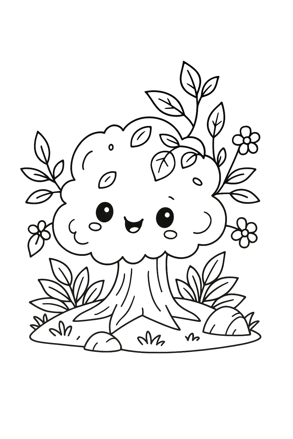 Desenho de contorno de uma árvore fofa estilo kawaii com rosto sorridente, bochechas marcadas, folhas extras e flores ao redor da base.