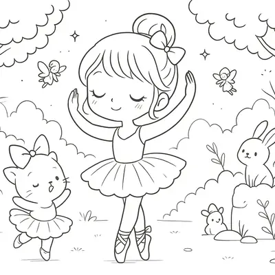 Desenho de contorno de uma menina bailarina dançando no centro, uma gatinha de tutu ao lado, coelhos e esquilos assistindo, e pequenas fadas voando na floresta.