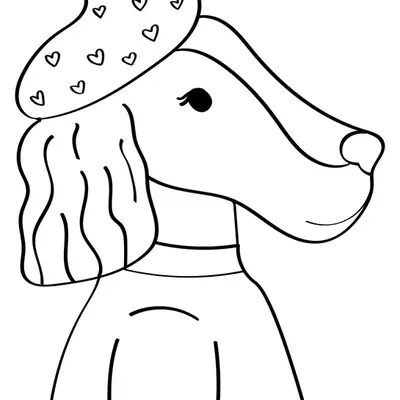 Desenho de contorno do perfil de uma cachorrinha com orelhas onduladas, usando uma boina com estampa de corações e uma blusa simples.
