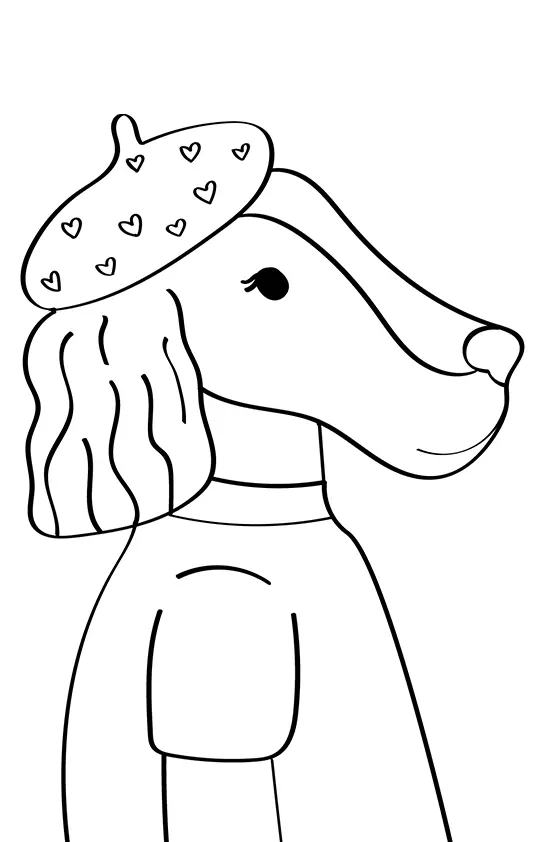Desenho de contorno do perfil de uma cachorrinha com orelhas onduladas, usando uma boina com estampa de corações e uma blusa simples.