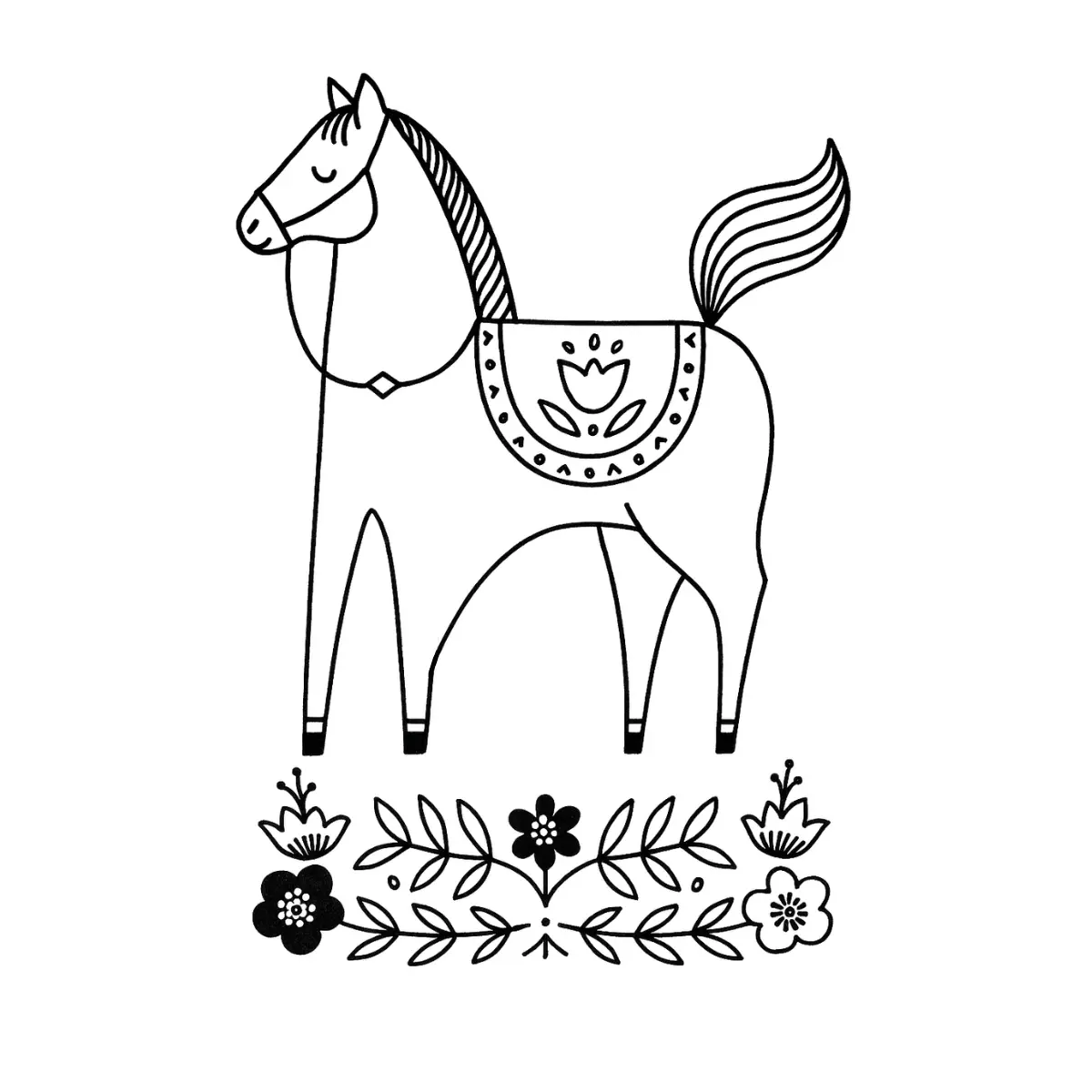 Desenho de contorno de um cavalo em pé, com sela decorada por uma tulipa, posicionado acima de um arranjo floral simétrico.
