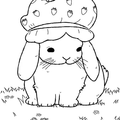 Desenho de contorno de um coelho fofinho sentado na grama, usando um chapéu grande com estampa de morangos e um morango de verdade no topo.