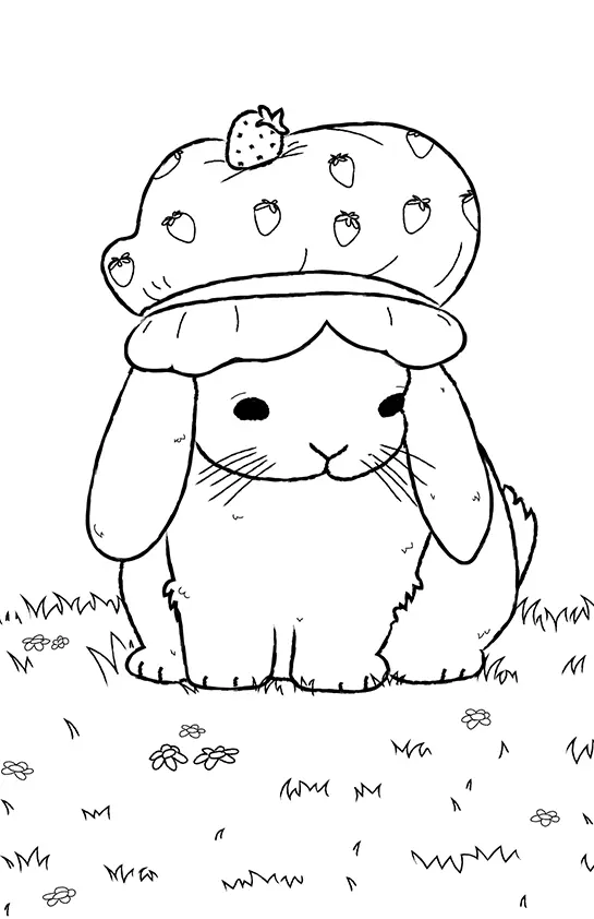 Desenho de contorno de um coelho fofinho sentado na grama, usando um chapéu grande com estampa de morangos e um morango de verdade no topo.