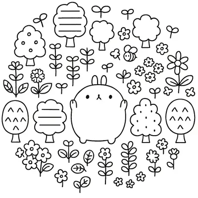 Desenho de contorno de um coelho gordinho no centro, cercado por várias árvores de diferentes formatos, flores e uma abelha, formando um círculo.