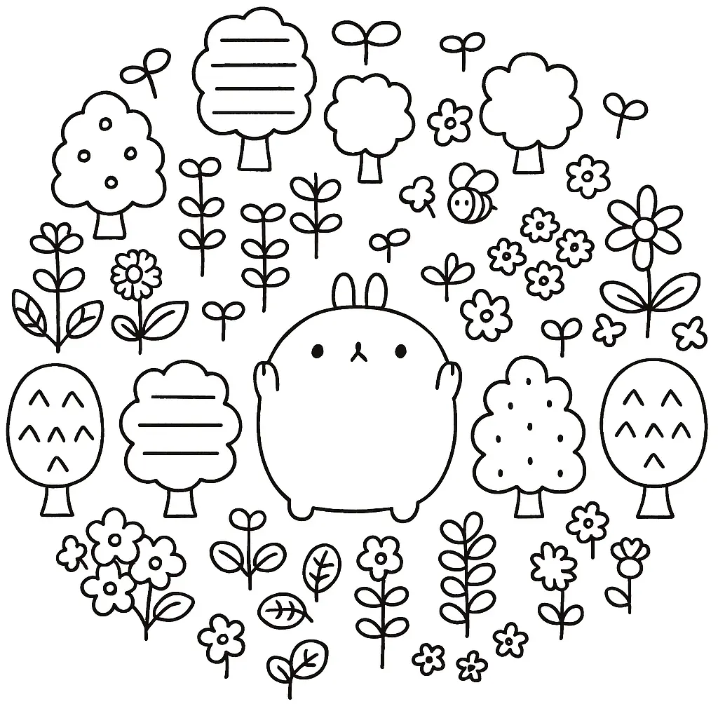 Desenho de contorno de um coelho gordinho no centro, cercado por várias árvores de diferentes formatos, flores e uma abelha, formando um círculo.