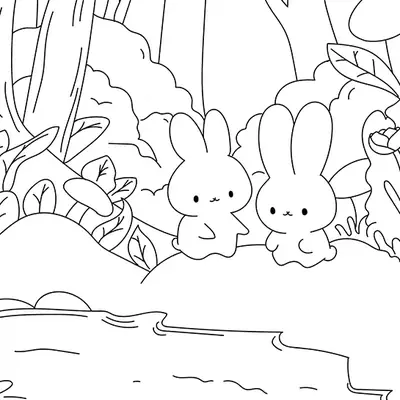 Desenho de contorno de dois coelhos pequenos sentados em uma colina perto de um rio, com uma floresta densa e flores ao redor.