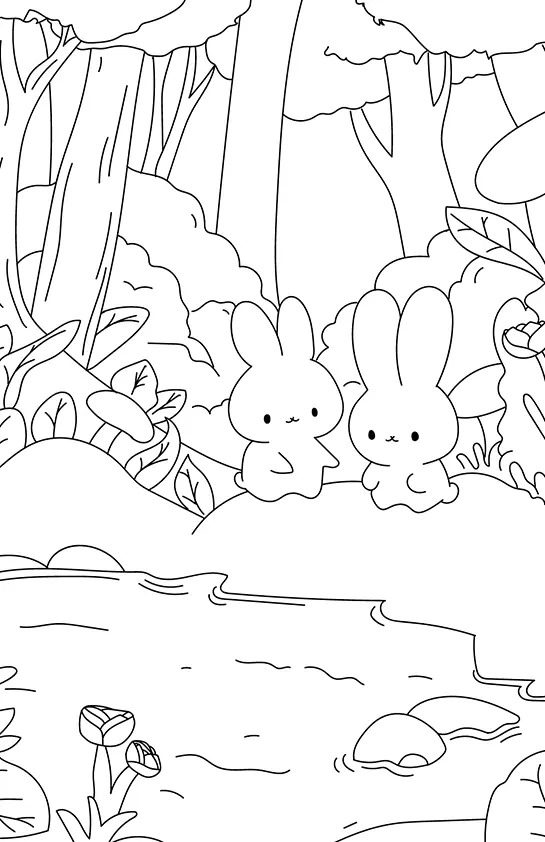 Desenho de contorno de dois coelhos pequenos sentados em uma colina perto de um rio, com uma floresta densa e flores ao redor.
