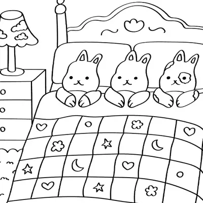 Desenho de contorno de três coelhos deitados lado a lado em uma cama com cabeceira decorada, cobertos por uma colcha com luas, estrelas e corações.