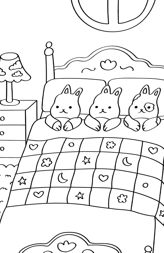 Desenho de contorno de três coelhos deitados lado a lado em uma cama com cabeceira decorada, cobertos por uma colcha com luas, estrelas e corações.