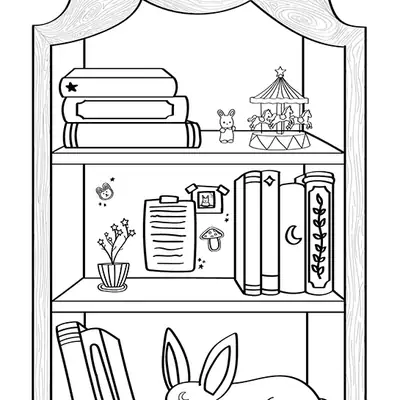 Desenho de contorno de uma estante com três prateleiras contendo livros, um pequeno carrossel, decorações de parede e um coelho com uma lua na testa dormindo no fundo.