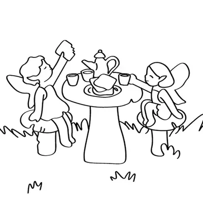 Desenho de contorno de duas fadas sentadas em cogumelos pequenos ao redor de uma mesa de cogumelo grande com bule, xícaras e torradas.