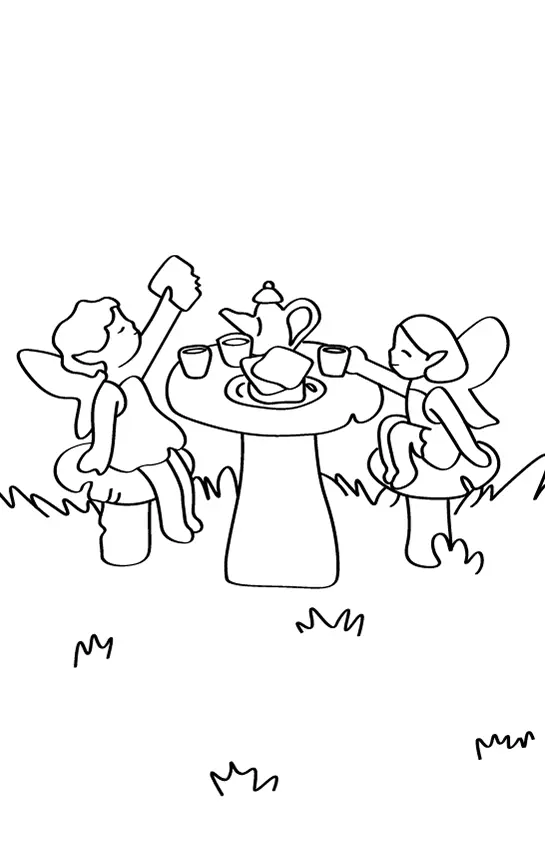 Desenho de contorno de duas fadas sentadas em cogumelos pequenos ao redor de uma mesa de cogumelo grande com bule, xícaras e torradas.