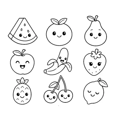 Desenho de contorno de nove frutas diferentes com rostos sorridentes: melancia, laranja, pera, maçã, banana, morango, abacaxi, cerejas e limão.