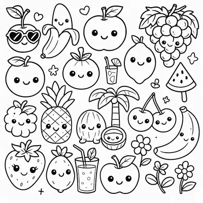 Desenho de contorno com várias frutas kawaii: uva, maçã, banana, morango, coco, sucos, cereja com óculos de sol e coqueiro.