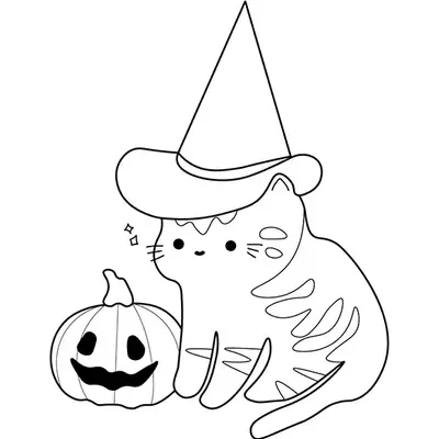 Desenho de contorno de um gato sentado com listras no corpo, usando um chapéu de bruxo grande e pontudo, ao lado de uma abóbora esculpida com rosto sorridente.