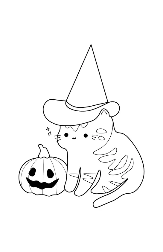 Desenho de contorno de um gato sentado com listras no corpo, usando um chapéu de bruxo grande e pontudo, ao lado de uma abóbora esculpida com rosto sorridente.
