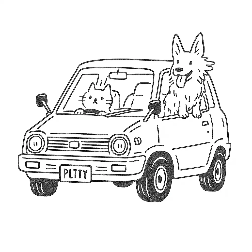 Desenho de contorno de um gato pequeno dirigindo um carro com placa escrito PLTTY e um cachorro grande e peludo com a língua para fora na janela.