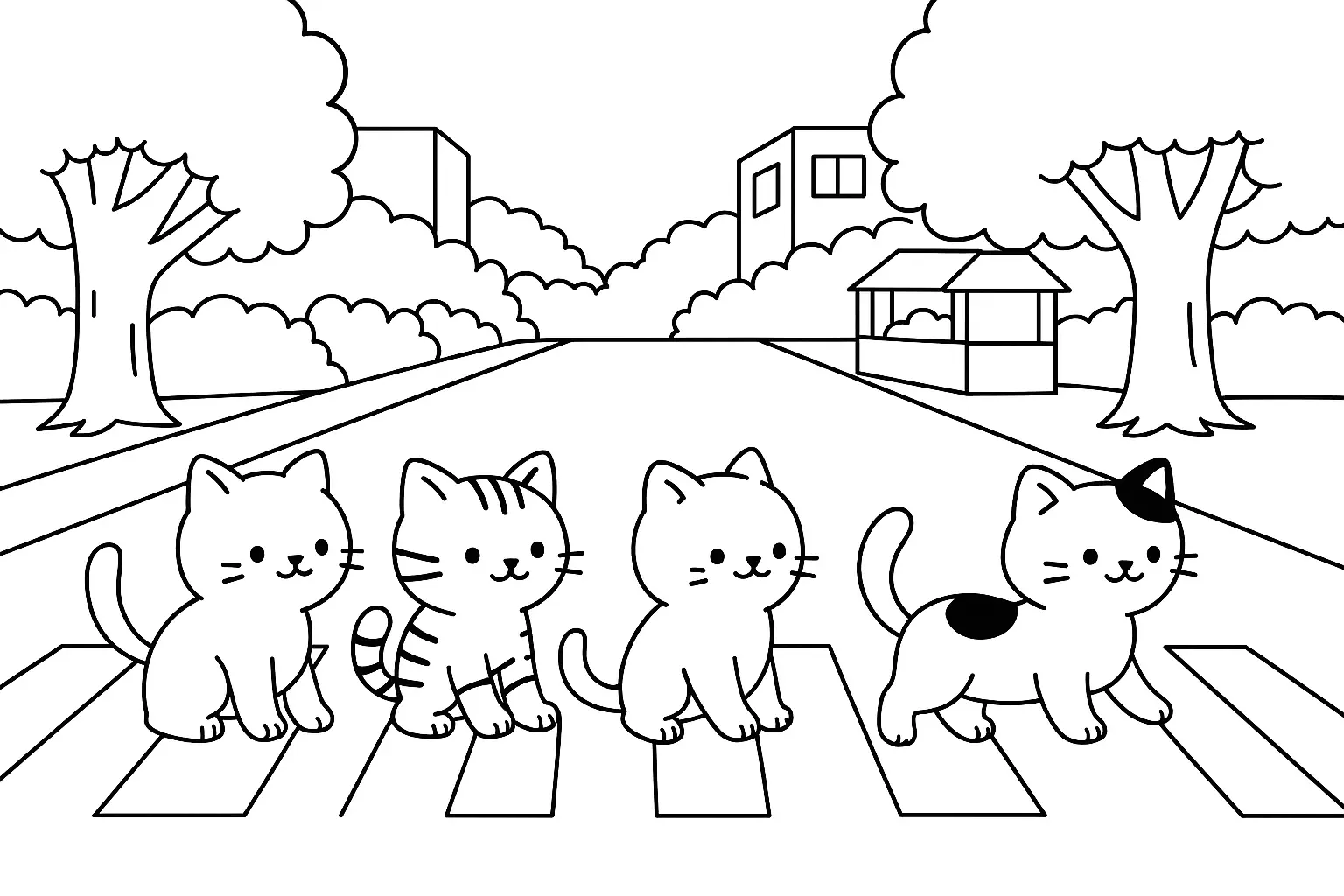 Desenho de contorno de quatro gatinhos diferentes atravessando uma faixa de pedestres em uma rua com árvores, arbustos e casas ao fundo.