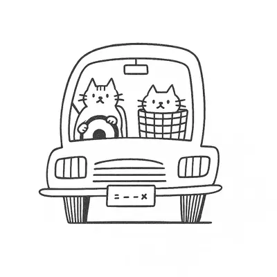Desenho de contorno de um gato dirigindo um carro e outro gato menor sentado dentro de um cesto no banco do passageiro.