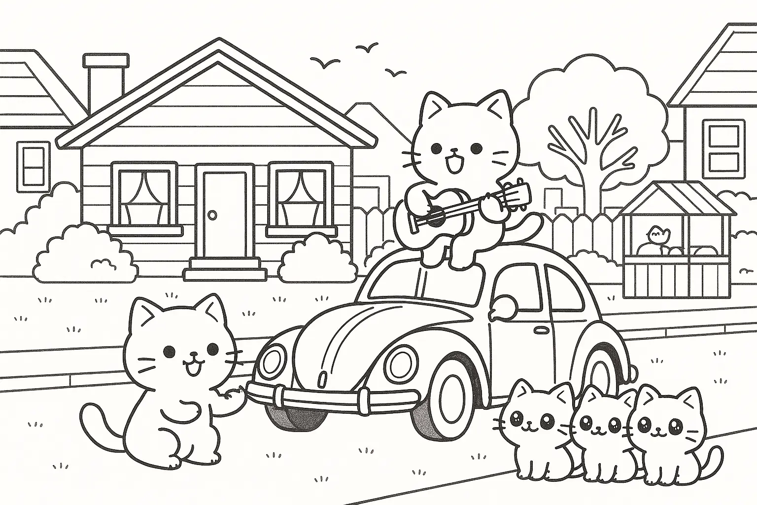 Desenho de contorno de um gato em cima de um fusca tocando violão, um gato em pé ao lado do carro e três gatinhos pequenos sentados assistindo, com casas e árvores ao fundo.