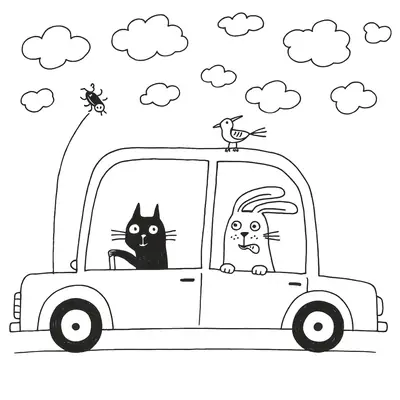Desenho de contorno de um gato preto dirigindo um carro e um coelho no banco do passageiro, com um passarinho no teto e um besouro na antena.