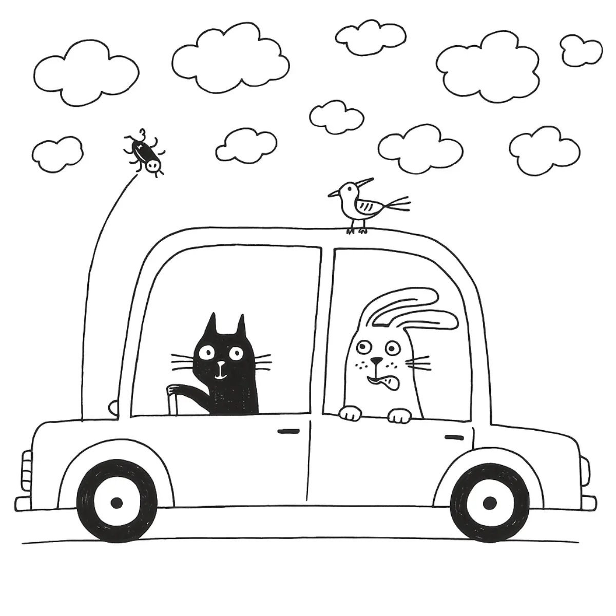 Desenho de contorno de um gato preto dirigindo um carro e um coelho no banco do passageiro, com um passarinho no teto e um besouro na antena.