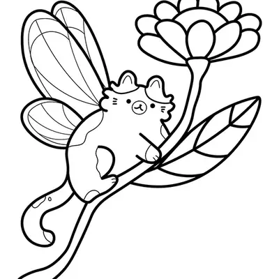 Desenho de contorno de um pequeno gato com asas de fada abraçado ao caule de uma flor grande com muitas pétalas e uma folha larga.