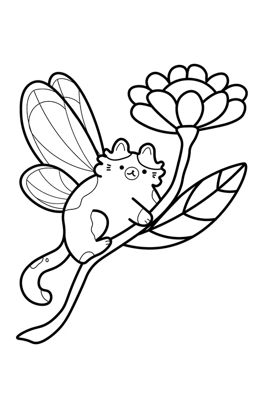 Desenho de contorno de um pequeno gato com asas de fada abraçado ao caule de uma flor grande com muitas pétalas e uma folha larga.
