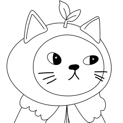 Desenho de contorno do rosto de um gato usando um capuz redondo que parece uma laranja com duas folhas no topo, preso por um laço no pescoço.