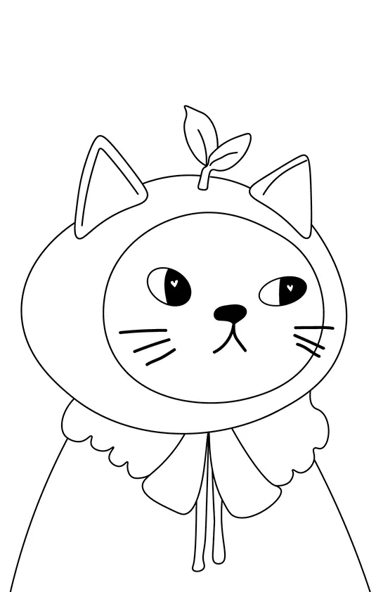 Desenho de contorno do rosto de um gato usando um capuz redondo que parece uma laranja com duas folhas no topo, preso por um laço no pescoço.