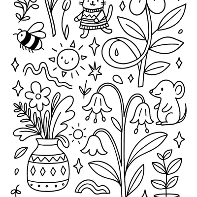 Desenho de contorno vertical com vários elementos: gato de suéter, rato, abelhas, flores grandes, sol sorridente, vaso e estrelas.