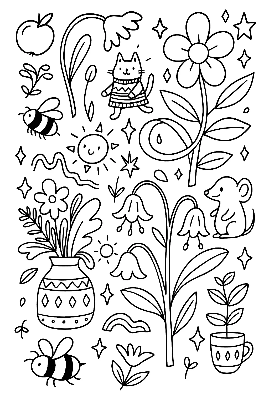 Desenho de contorno vertical com vários elementos: gato de suéter, rato, abelhas, flores grandes, sol sorridente, vaso e estrelas.