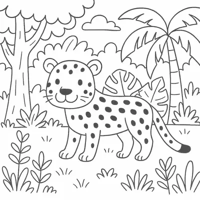 Desenho de contorno de um leopardo fofo com manchas, em uma selva com palmeira, árvore grande e folhagens.