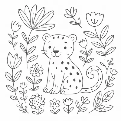 Desenho de contorno de um leopardo filhote sentado, cercado por diversas flores, folhas e ramos em um estilo artístico e fofo.