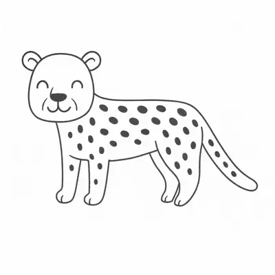 Desenho de contorno simples de um leopardo fofo de perfil, sorrindo com olhos fechados e corpo coberto por manchas.