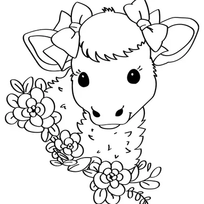 Desenho de contorno do rosto de uma lhama fofa com olhos grandes, dois laços de fita nas orelhas e flores detalhadas ao redor do pescoço.
