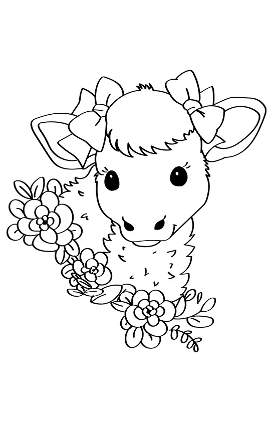 Desenho de contorno do rosto de uma lhama fofa com olhos grandes, dois laços de fita nas orelhas e flores detalhadas ao redor do pescoço.